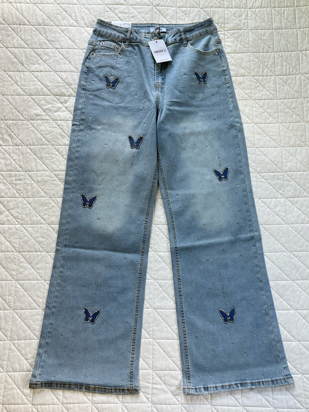 Forever 21 Butterfly Rhinestone Wide-Leg Jeans Light Wash Y2K - Size 26 NWT